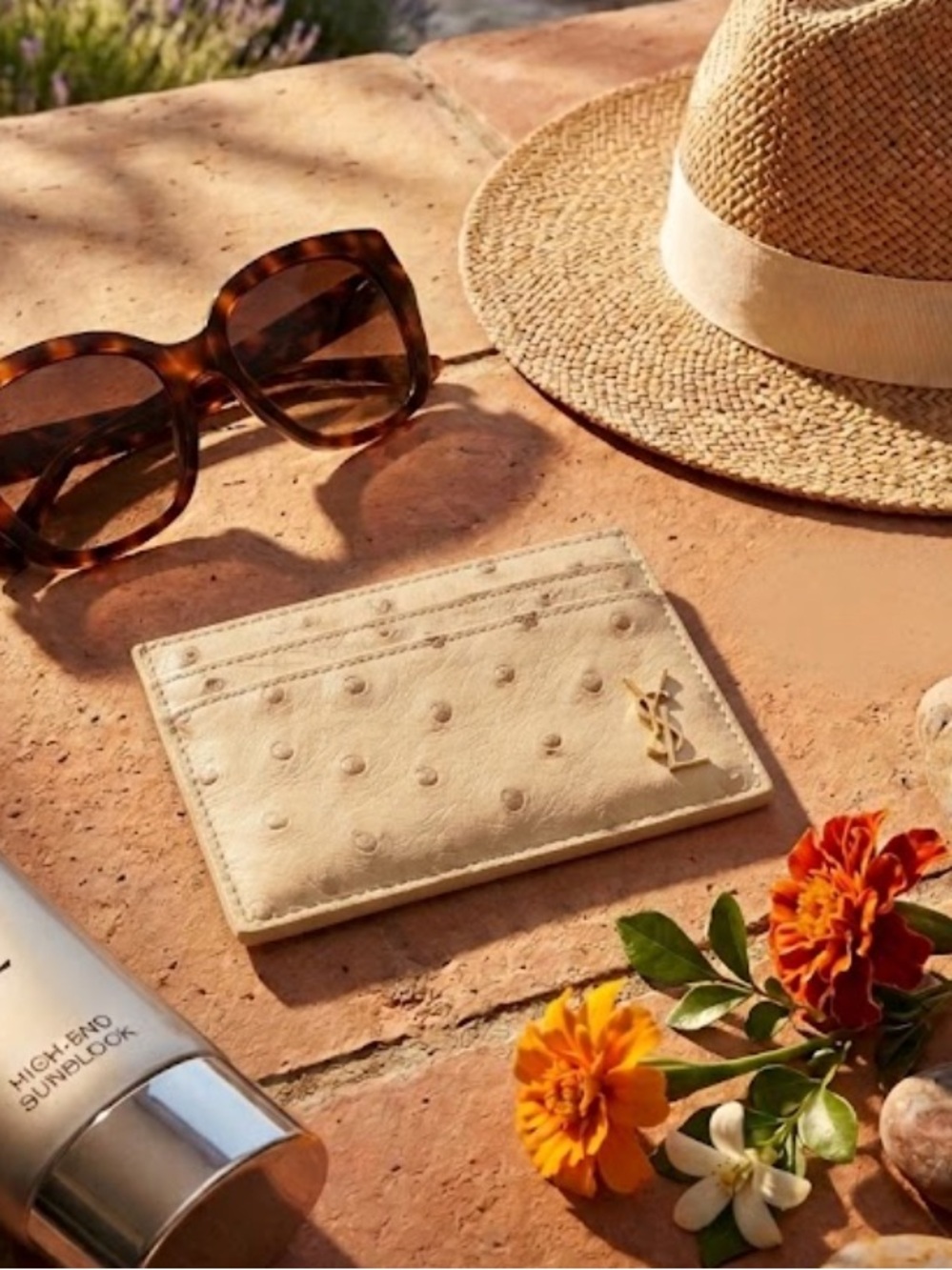 Saint Laurent Cream Ostrich-Embossed Leather Card Sleeve with Subtle Texture